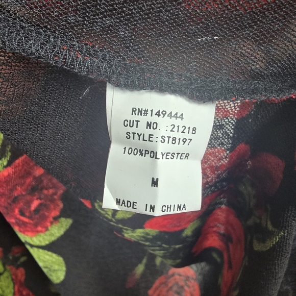 EMBER Mid Length Sheer Duster Kimono 3/4 Sleeves Floral Red Black Womens Size M - Picture 8 of 14